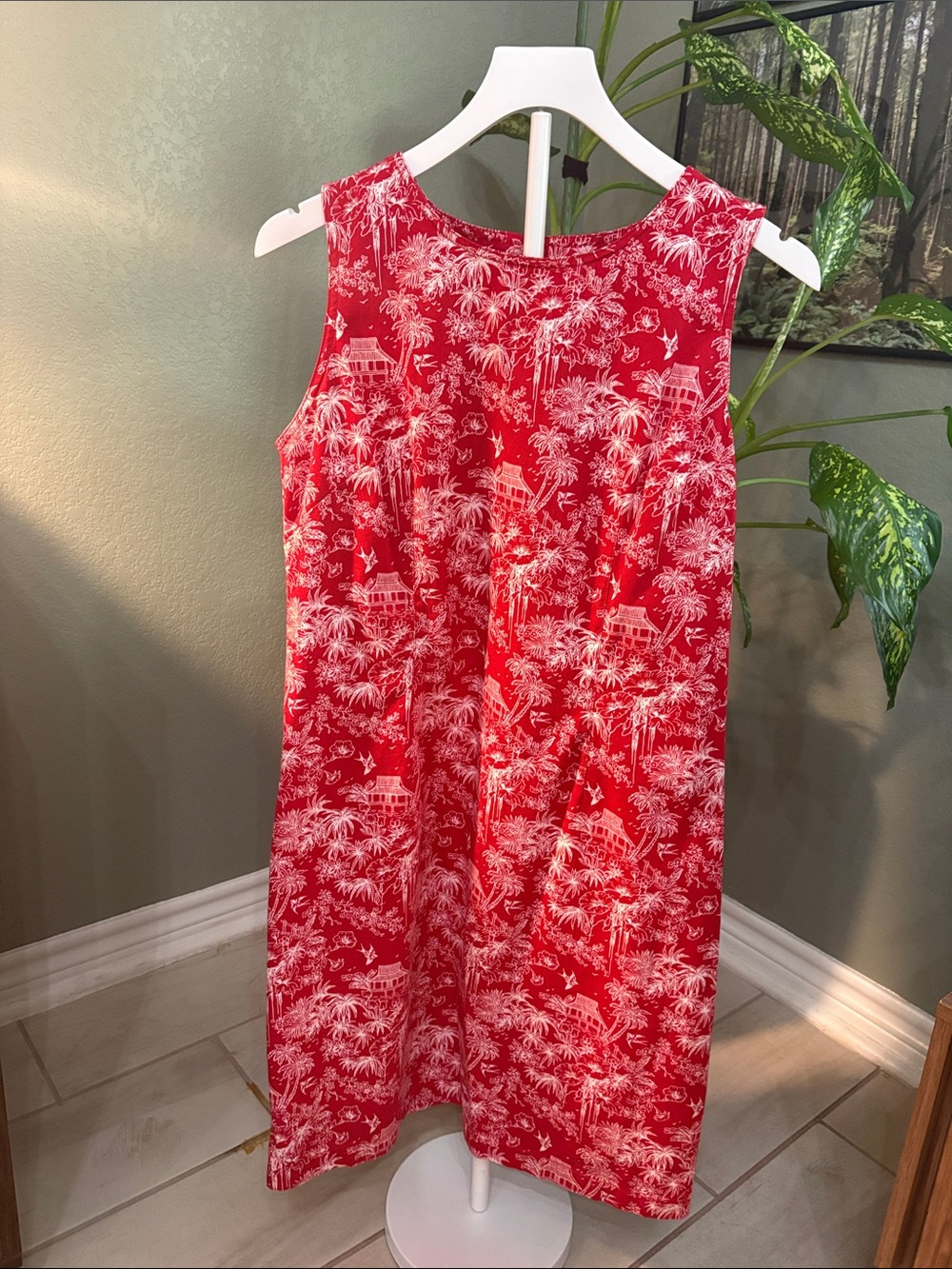 Vintage Red Sleeveless Midi Dress with White Tropical Print